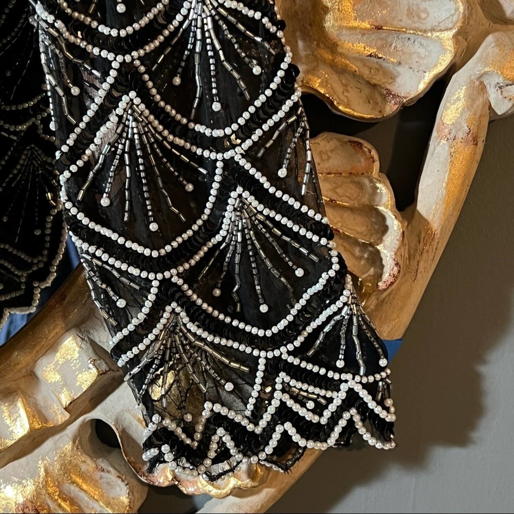 LAURENCE KAZAR VTG black white beaded top scallop designed sheer long sleeve M - Picture 6 of 14
